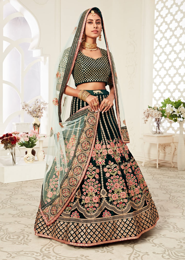 Green Velvet With Zari & Thread embroidery With Diamond Work Bridal Lehenga