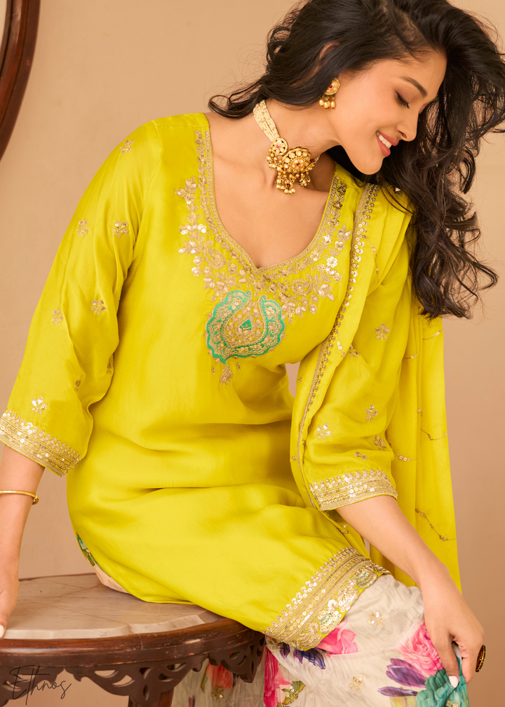 Sunshine Yellow Chinon Silk Sharara Suit