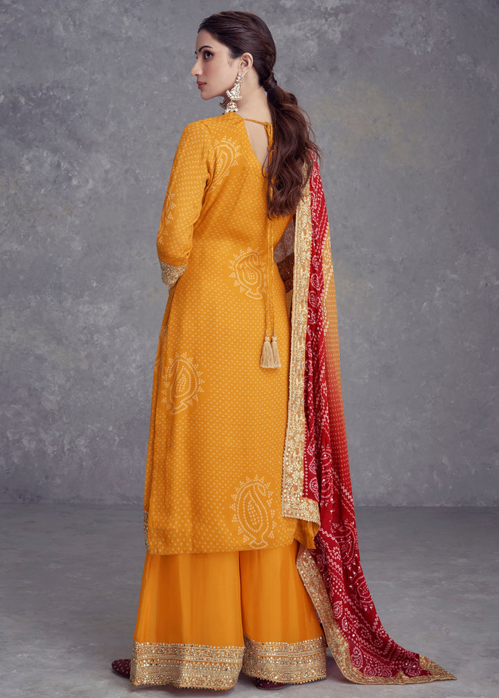 Mustard Yellow Chinon Salwar Suit with Red Dupatta