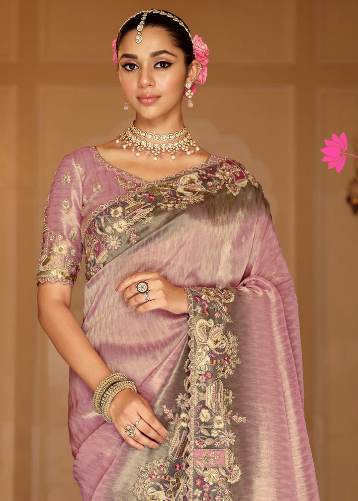 Lavender Mauve with Silver-Grey embroidery Silk Saree