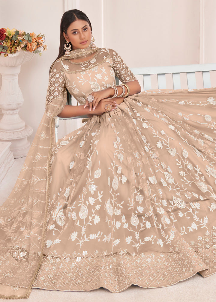 Sand Brown Designer Soft Net Lehenga With Cotton Thread And Sequins Embroidery Work
