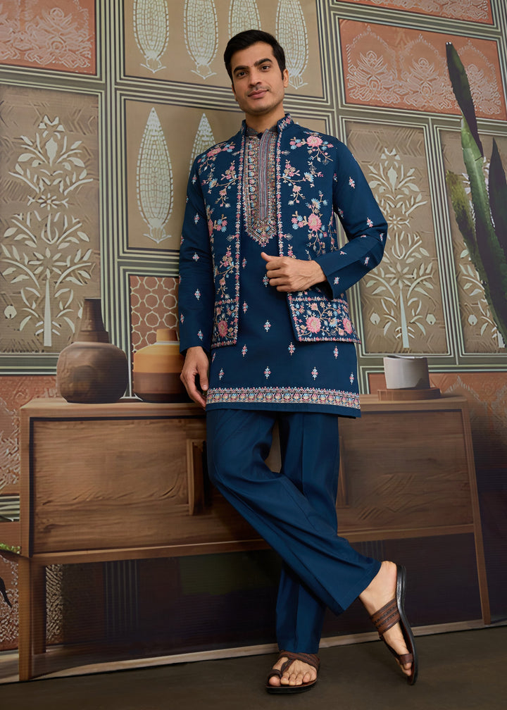 Teal Blue Mens Wear Koti Style with Silk Kurta and Pajama