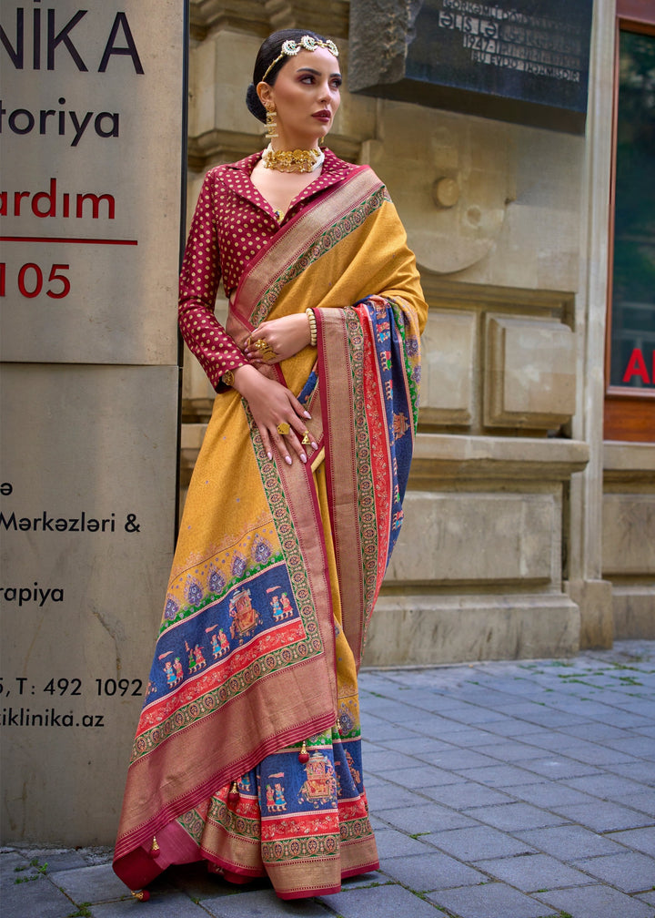Amber Yellow Poly Viscose Silk Saree With Foil Print