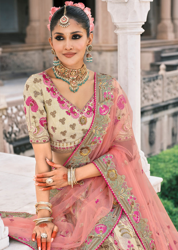 Peach & Off-White Fancy Silk Lehenga Choli With Cut Work Embroidery Border & Stone Work