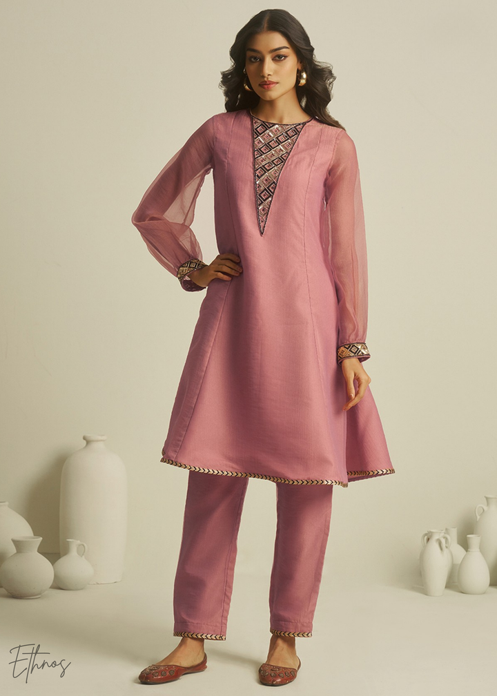 Peach Tissue Handwork Kurta With Pant