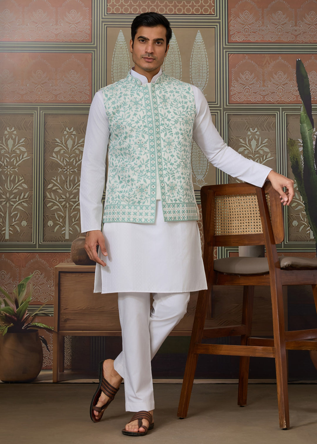 White Kurta And Pant With Soft Pastel Mint Green And White Embroidered Nehru Jacket