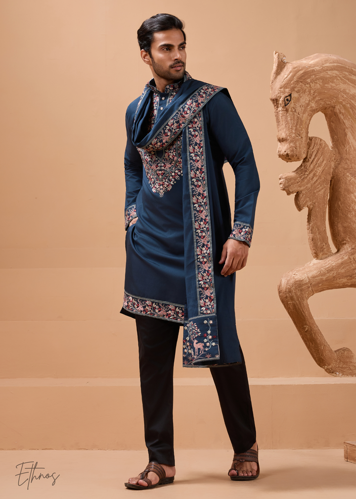 Teal Blue Mens Wear Silk Kurta With Pant And Dupatta