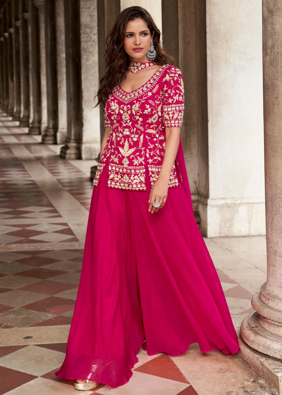 Fluorescent Pink Organza Silk Palazzo Suit With Designer Dupatta