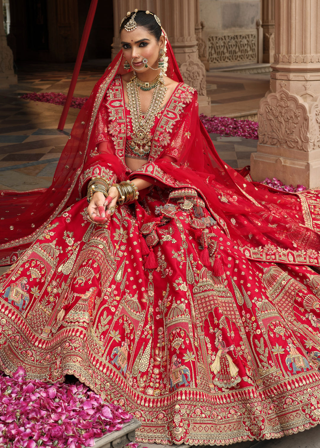 Cherry Red Heavy Bridal Silk Lehenga With Khatli And Embroidery Work
