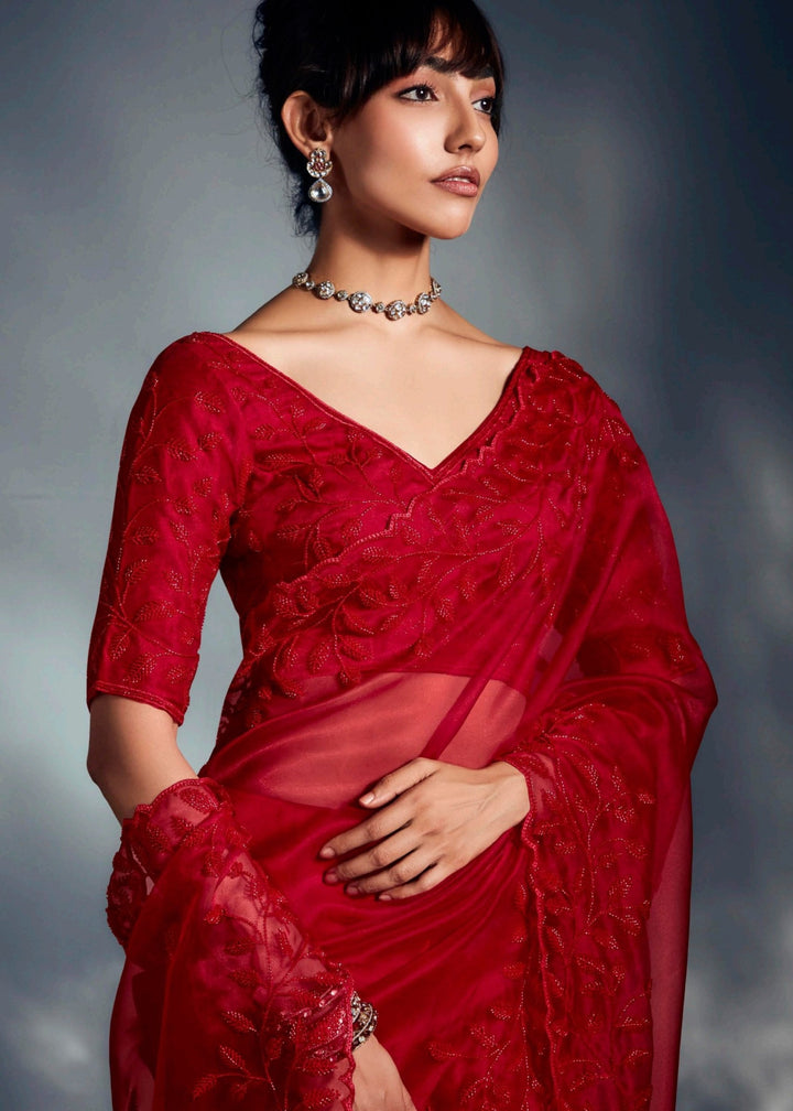 Red Pure Fancy Saree with Hand Worked Border