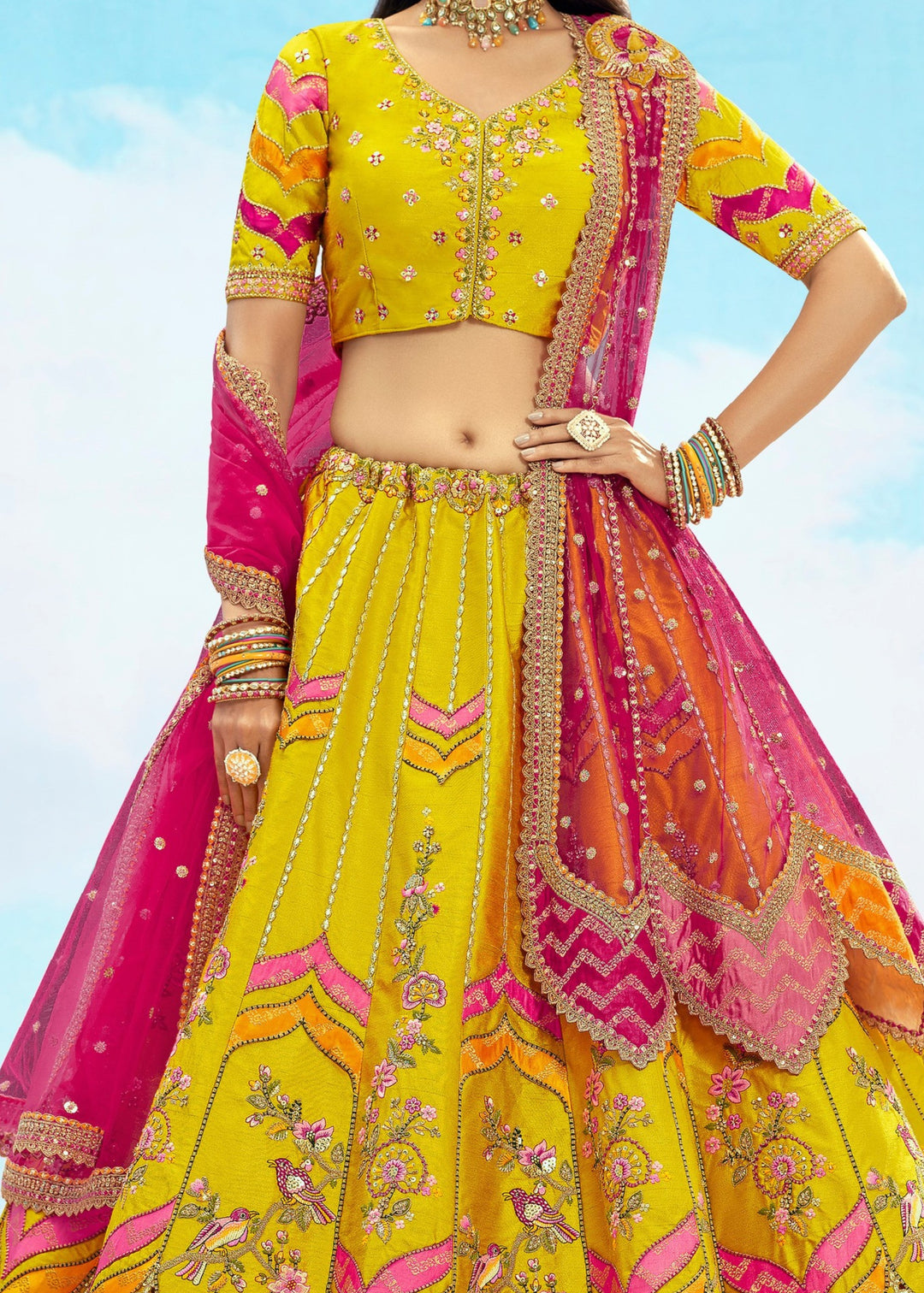 Yellow And Pink Silk Lehenga With Cut Work Border