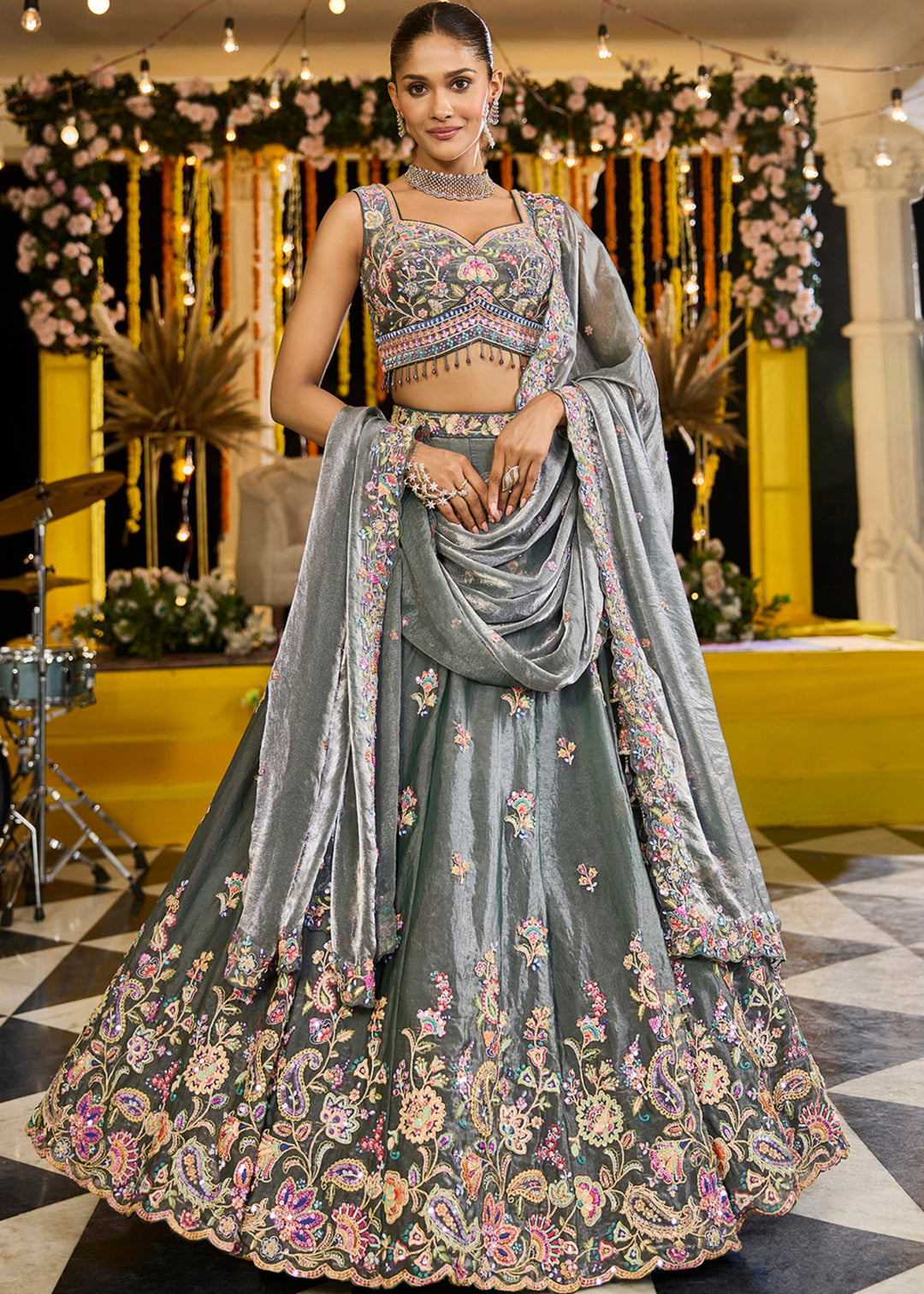 Green Tissue Lehenga Choli with Sequinned Embroidered