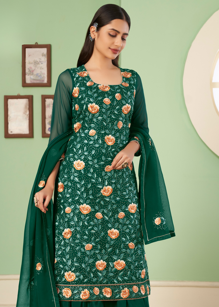 Cadmium Green Georgette Salwar Suit with Multi Colour Thread Embroidery & Sequence work