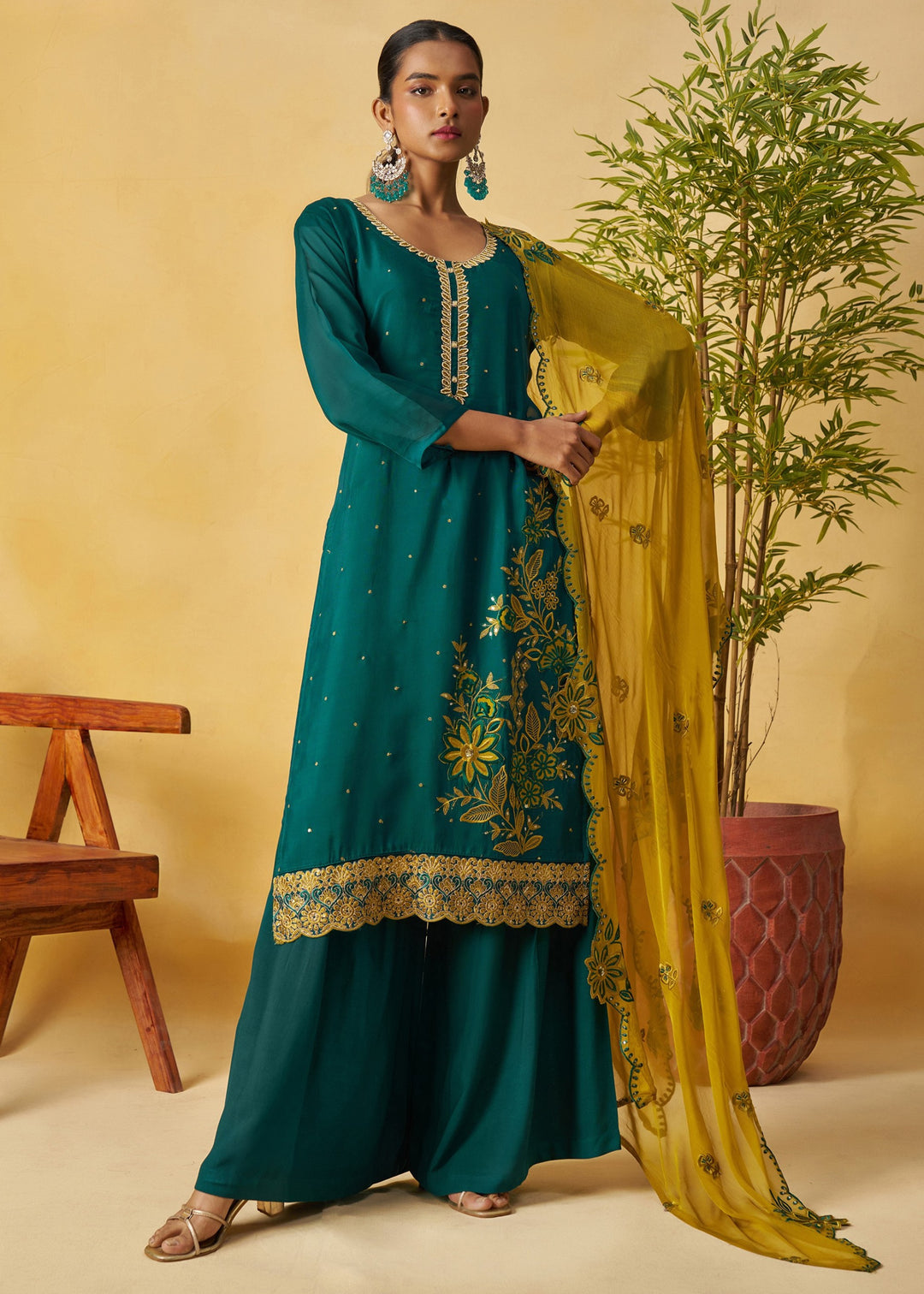Dark Teal Green Salwar Suit with Mustard Yellow Dupatta