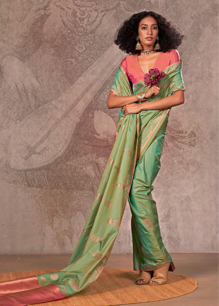 Persian Green Two Tone Handloom Weaving Silk Saree with Contrast Pallu
