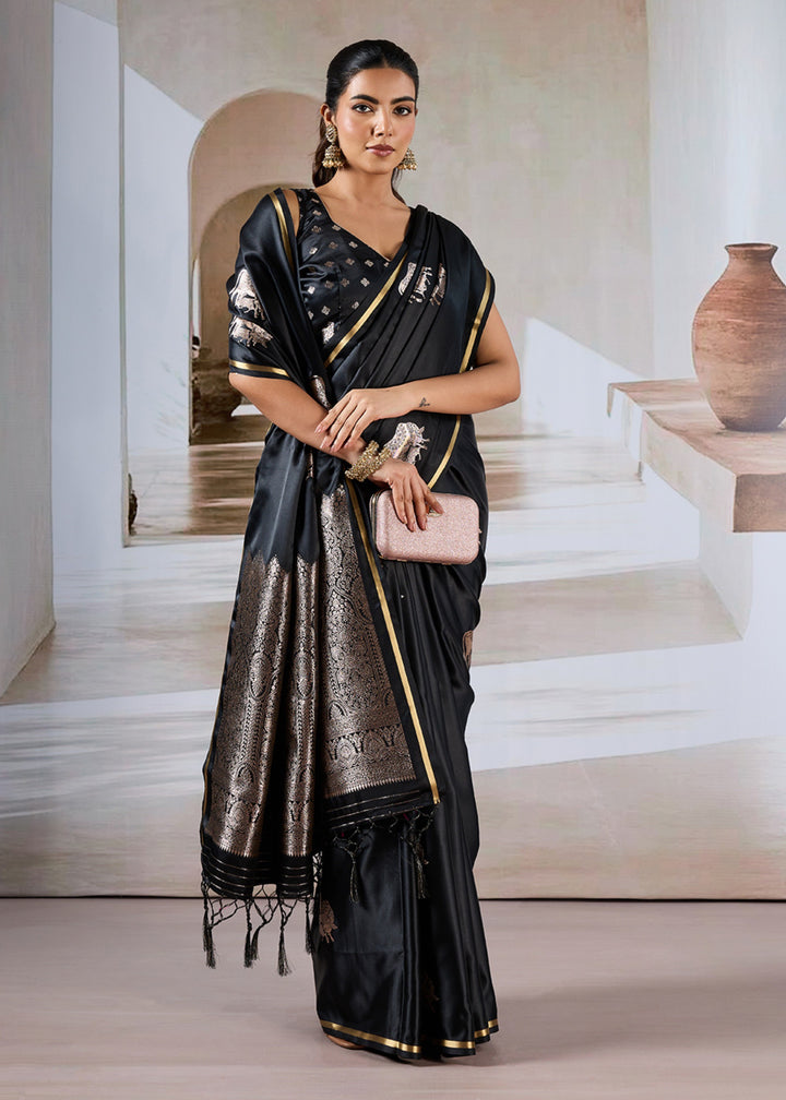 Black Pure Satin Handloom Weaving Saree