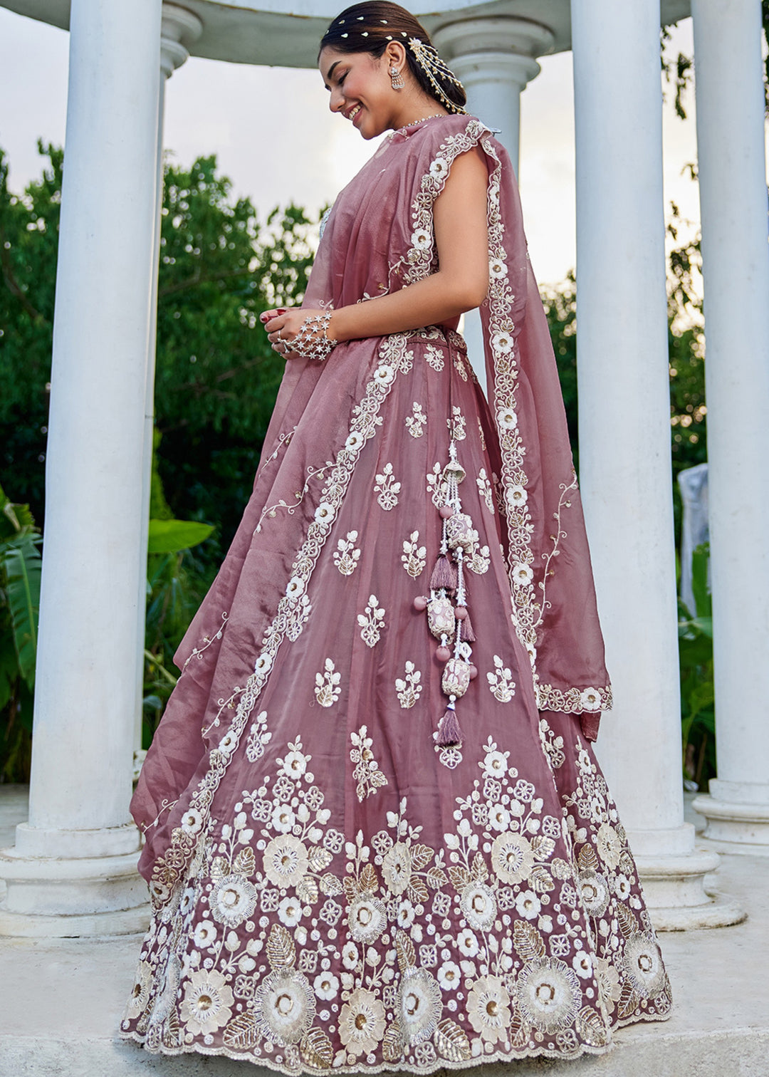 Lavender Organza Lehenga Choli with Beads & Sequince Embroidered