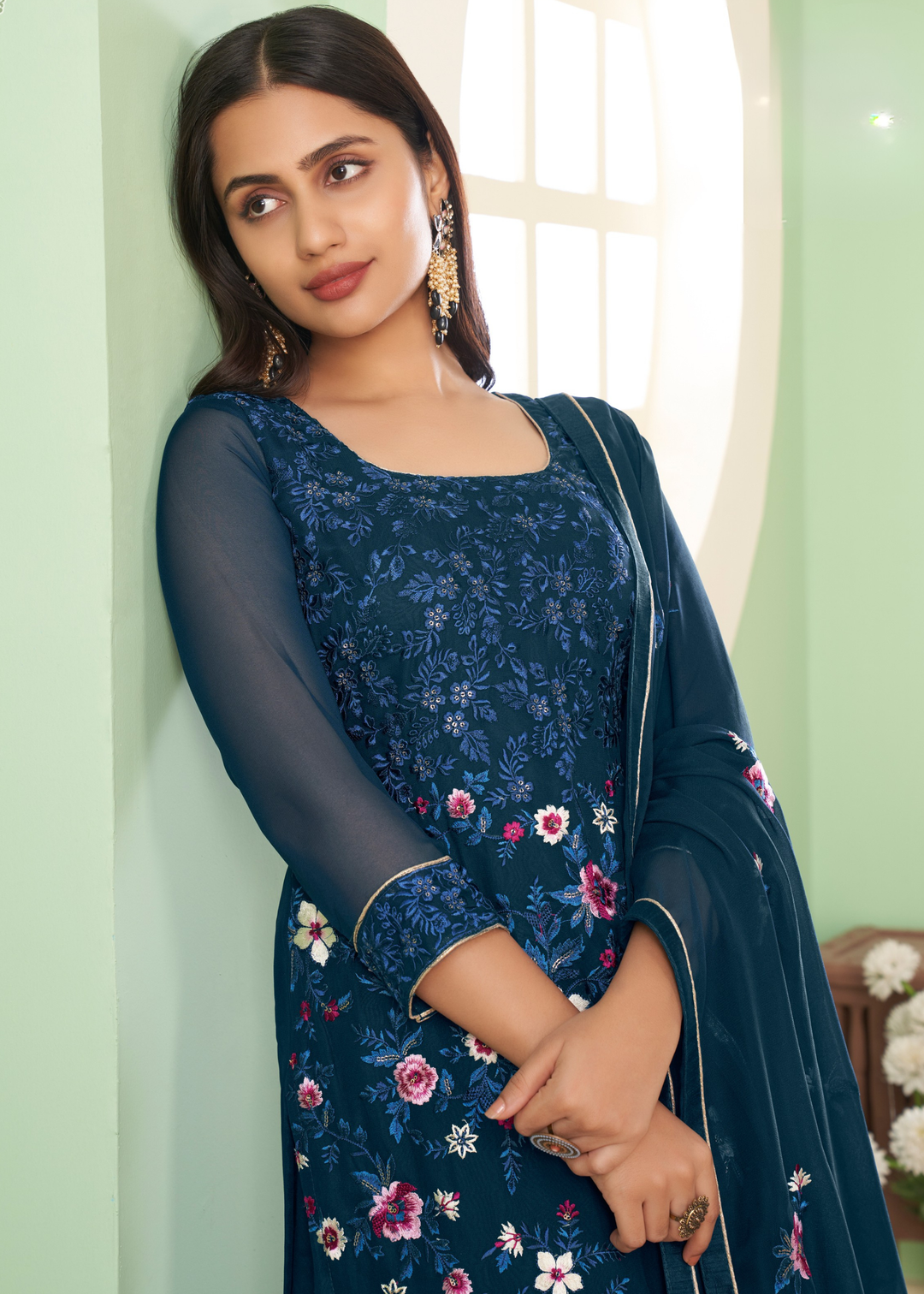 Cobalt Blue Georgette Salwar Suit with Multi Colour Thread Embroidery & Sequence work