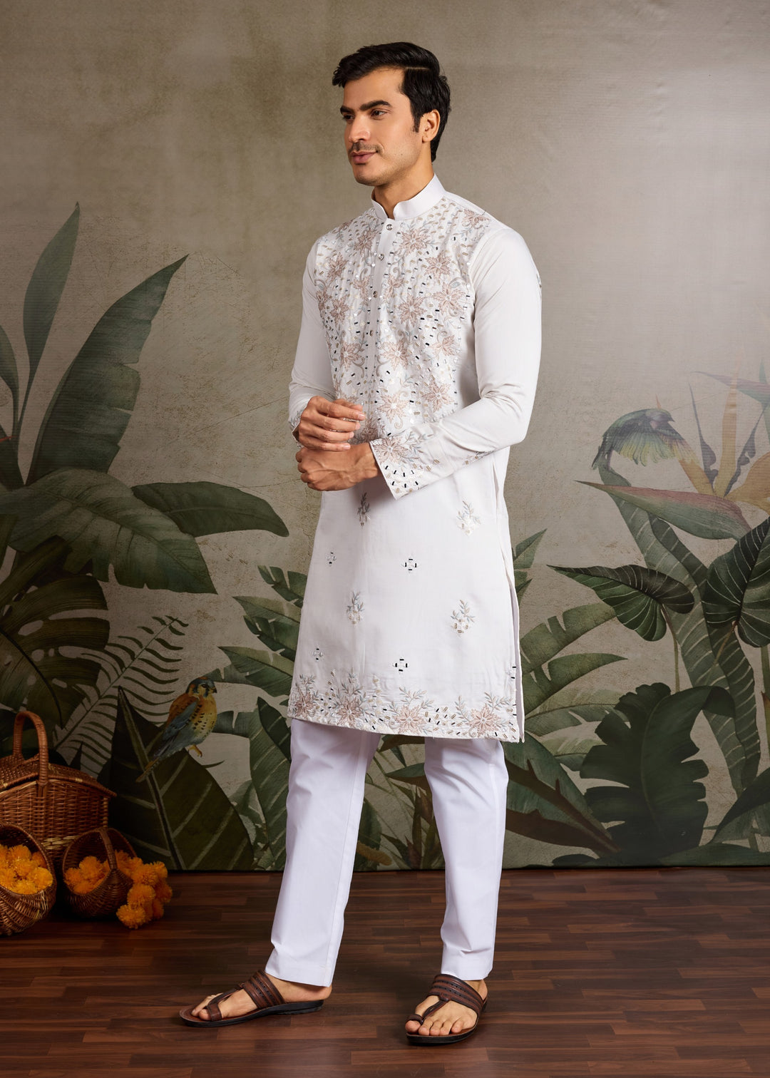 Creamy White Mens Wear Silk Kurta with Pant