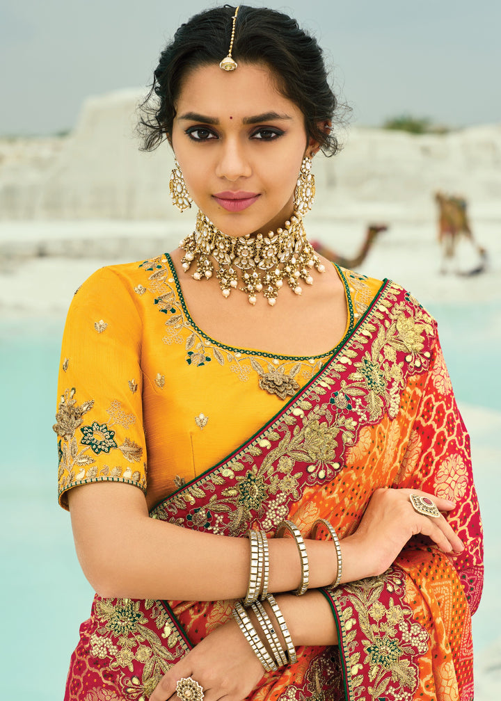 Yellow & Orange Georgette Bandhej Saree With Moti & Cut-Dana Handwork Border