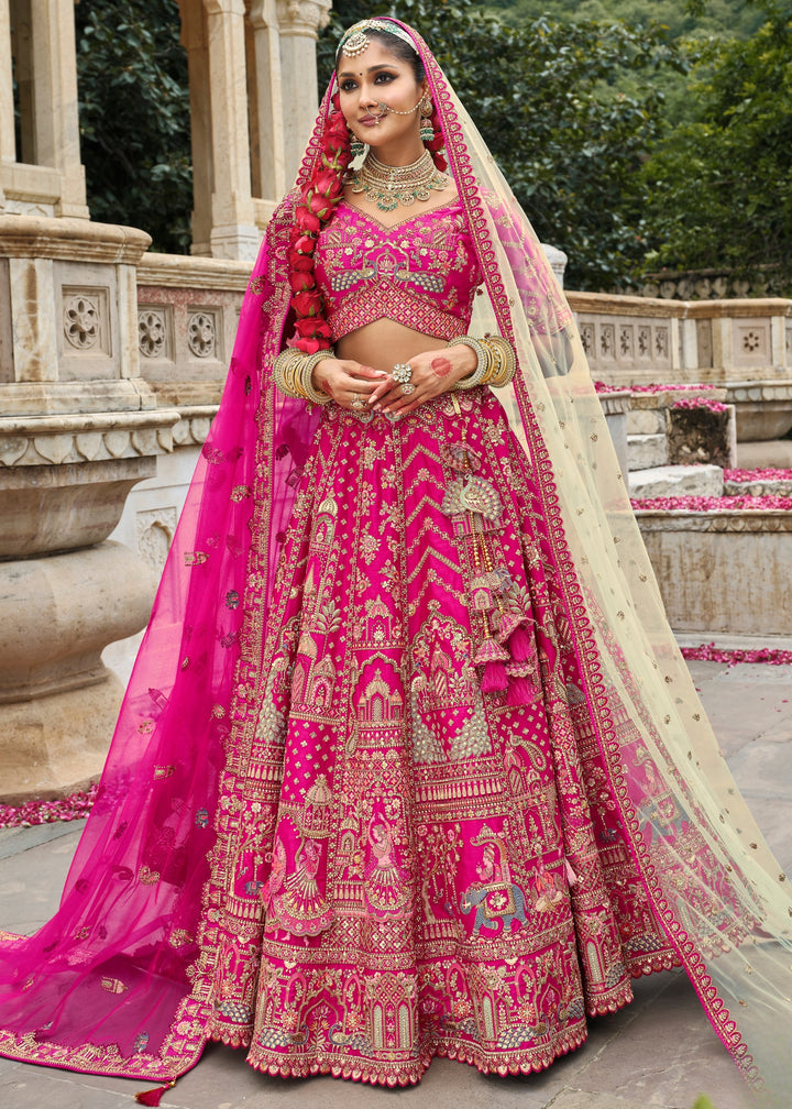 Barbie Pink Heavy Bridal Silk Lehenga With Khatli And Embroidery Work