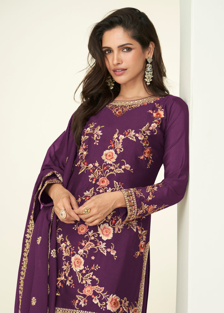 Eggplant Purple Chinon SIlk Plazo Suit With Embroidered Work