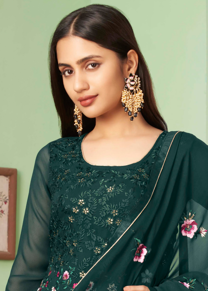 Sacramento Green Georgette Salwar Suit with Multi Colour Thread Embroidery & Sequence work
