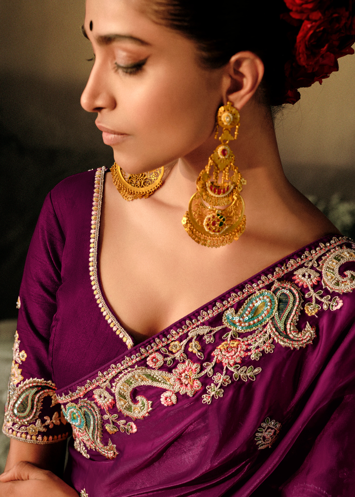 Mardi Gras Purple Dola Silk Saree with Hand Embroidery work