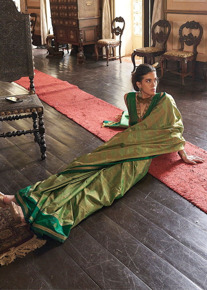 Light Green Tussar Silk Handloom Weaving Saree