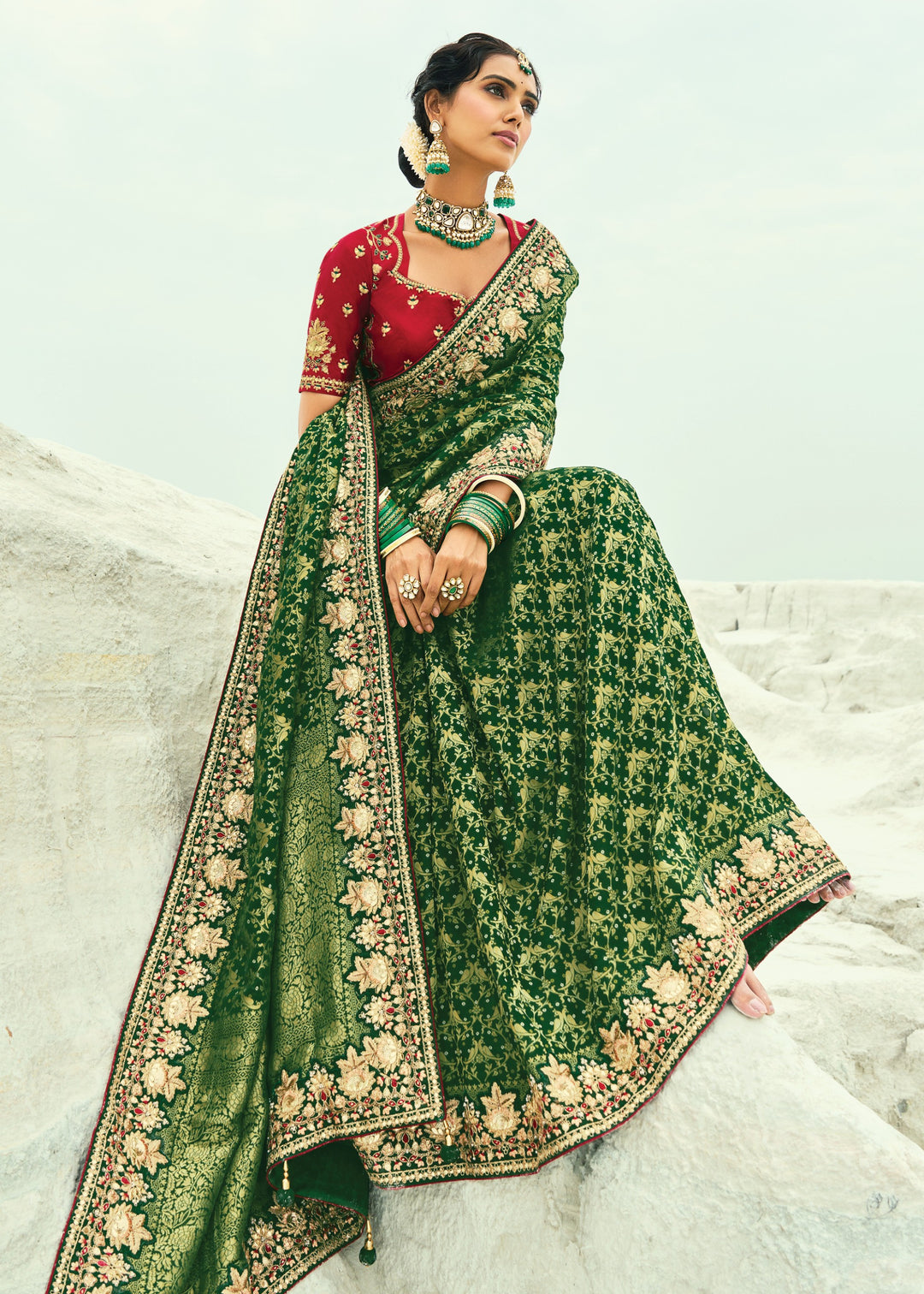 Forest Green Georgette Bandhej Saree With Moti & Cut-Dana Handwork Border