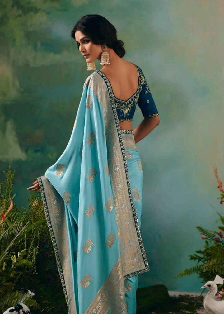 Sky Blue Pure Viscose Dola Silk Saree with Zari Weaving & Embroidered Blouse