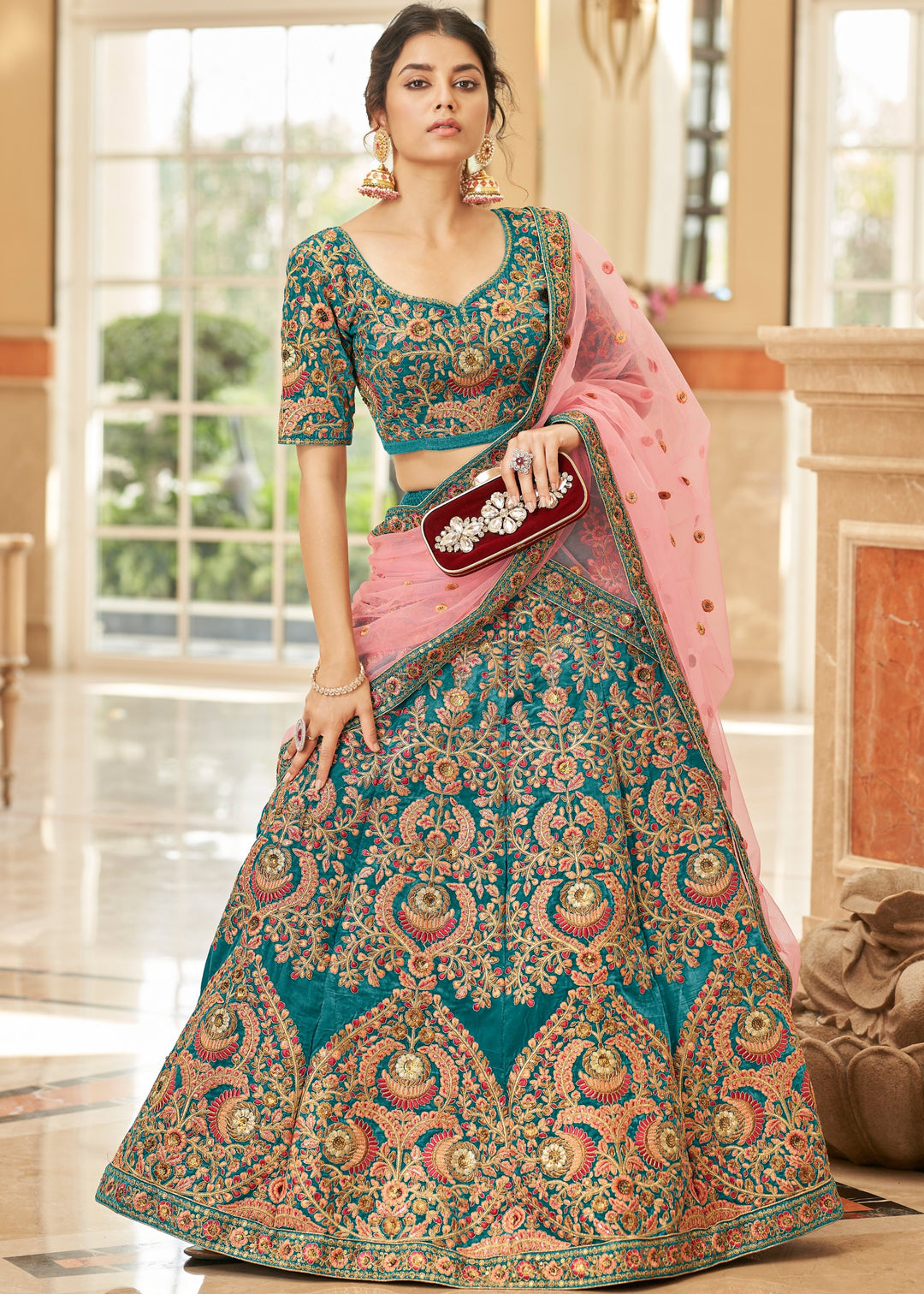Cerulean Blue Velvet Lehenga Choli With Thread & Zari Embroidery Work