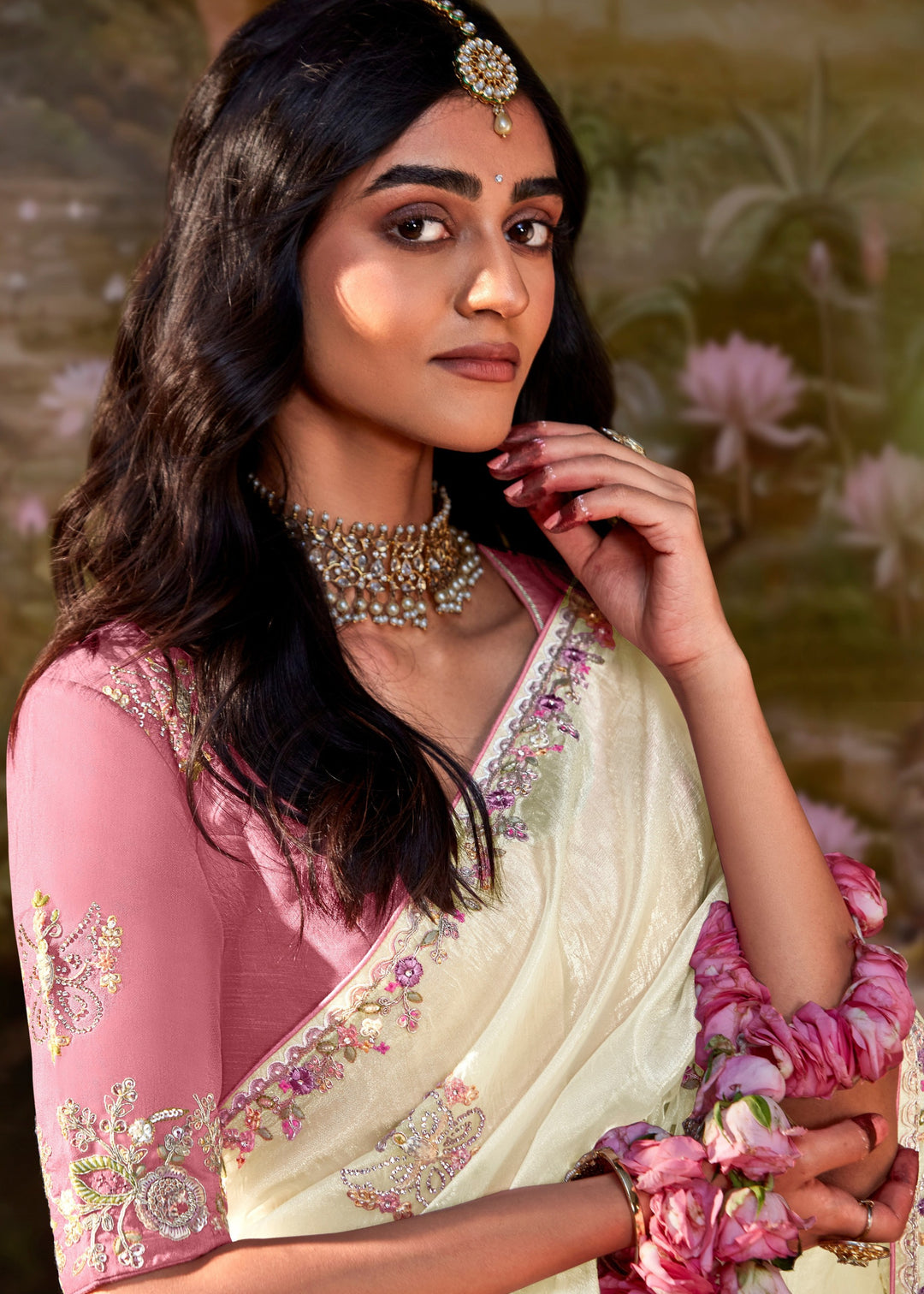 Pink And White Saree With Embroidery And Handwork Designer Cut Border