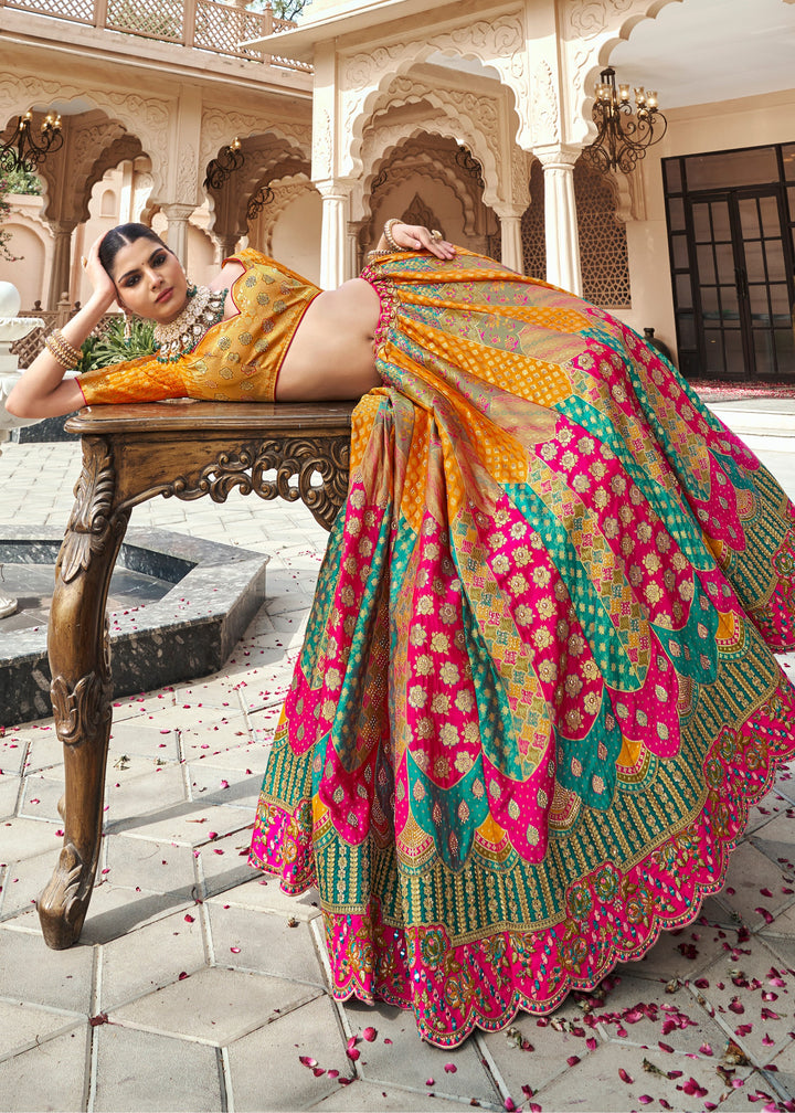 Hot Pink Banarasi Silk Lehenga with Zarkan & Cutwork