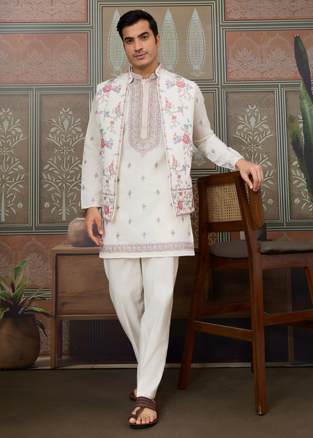 Pure White Mens Wear Koti Style with Silk Kurta and Pajama