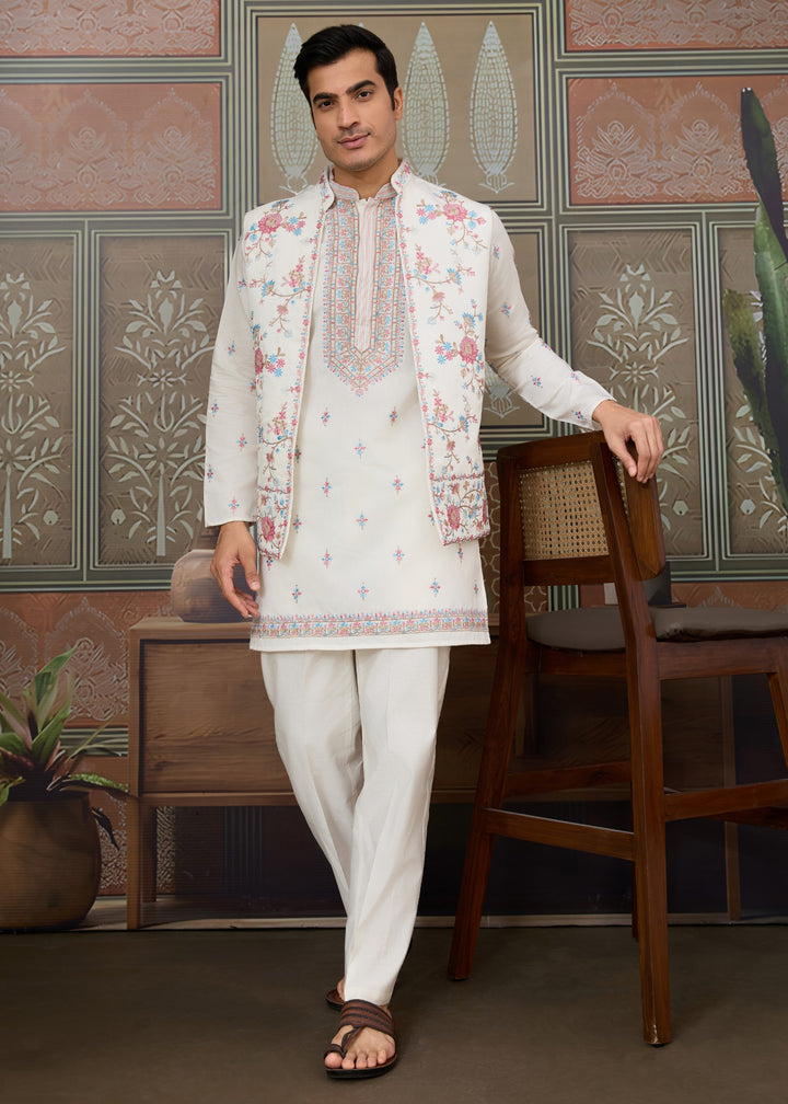 Pure White Mens Wear Koti Style with Silk Kurta and Pajama