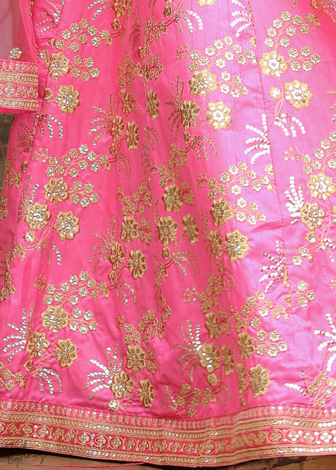 Neon Pink Slub Silk Lehenga With Dupatta