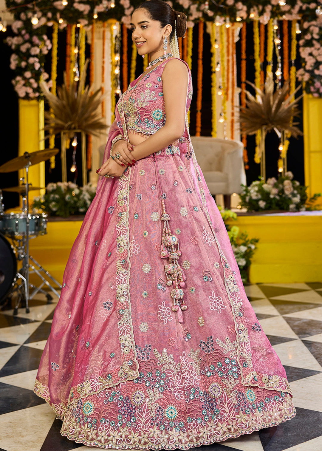 Pink Satin Silk Lehenga Choli with Sequinned Embroidered