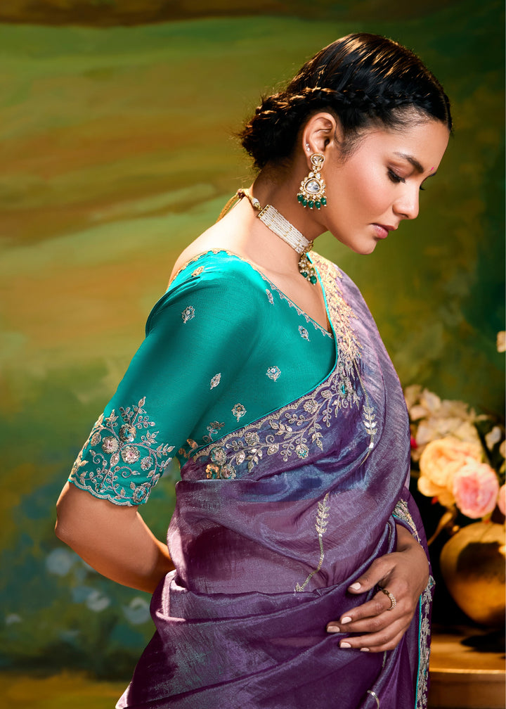 Eminence Purple Saree With Embroidery And Handwork Designer Cut Border