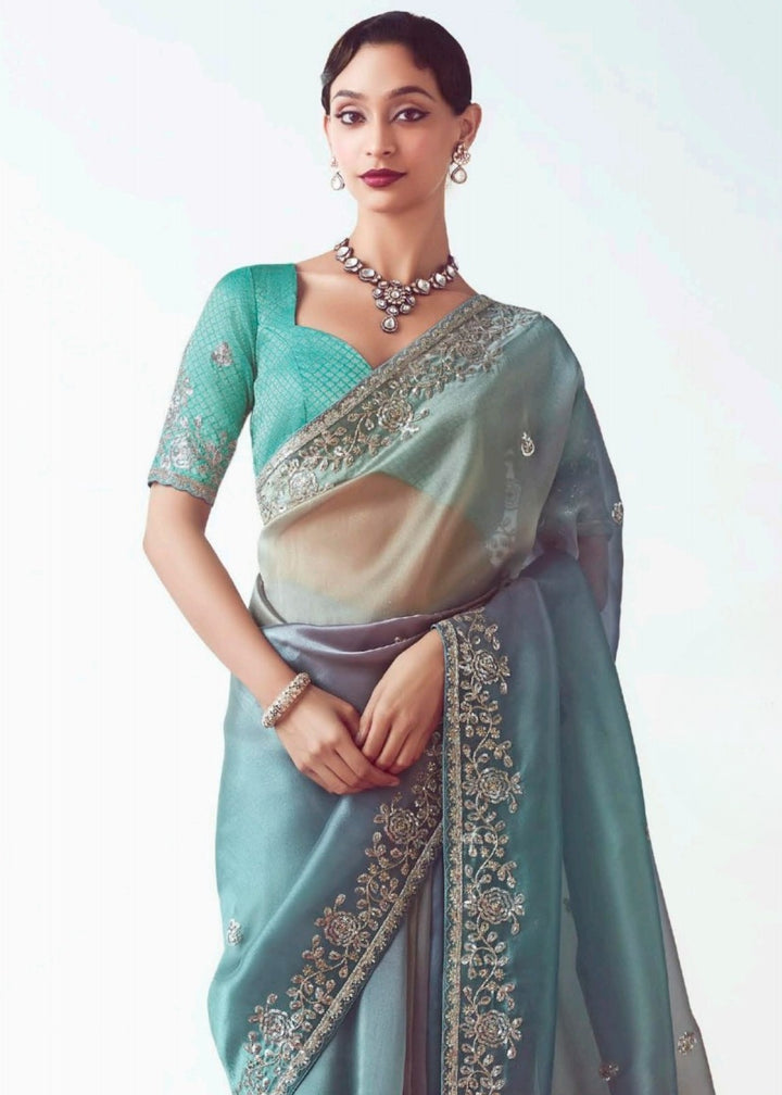 Turquoise Blue Fancy Fabric Silk Saree With Hand Embroidered Work And Cut Work Border