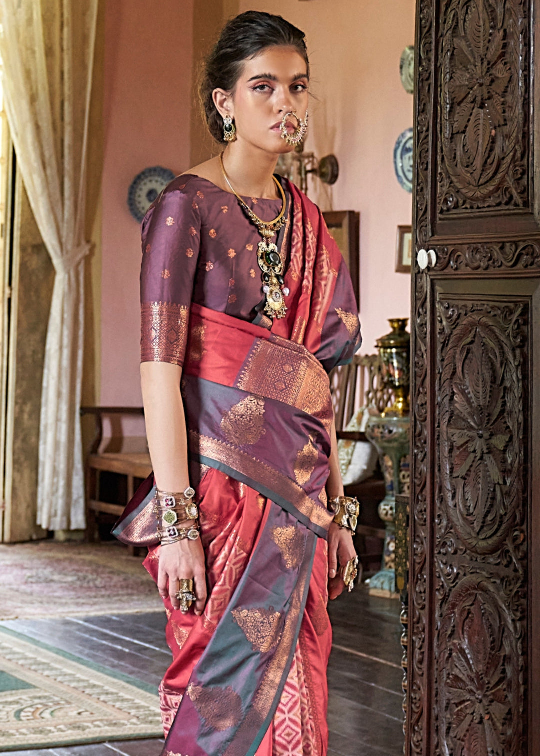 Salmon Pink Pochampally Handloom Silk Saree