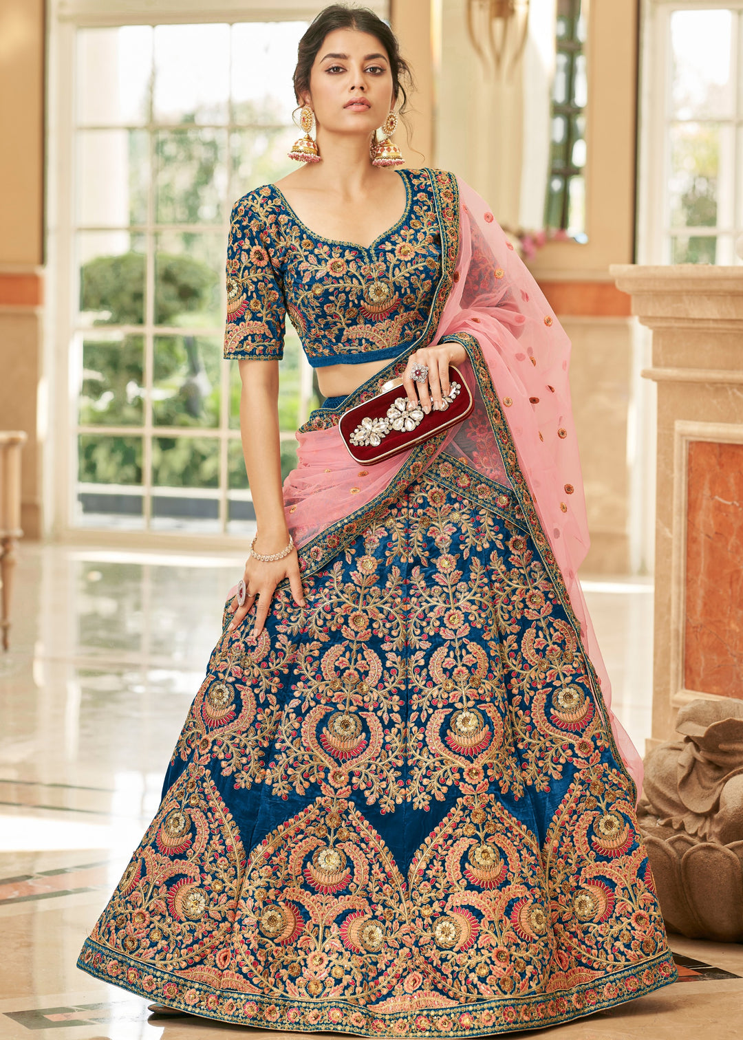 Dark Blue Velvet Lehenga Choli With Thread & Zari Embroidery Work