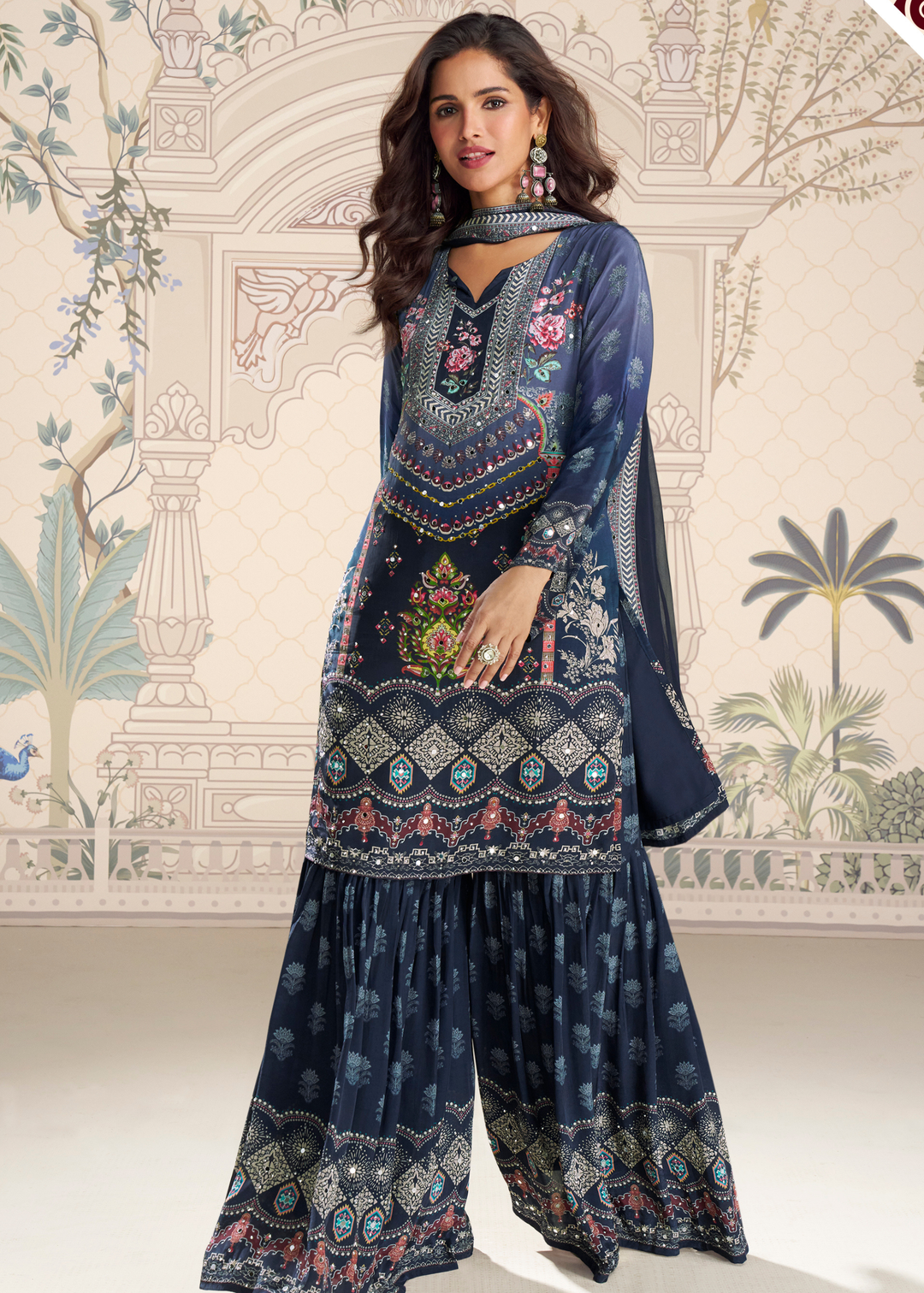 Deep Navy Blue Crep Silk Sharara Suit