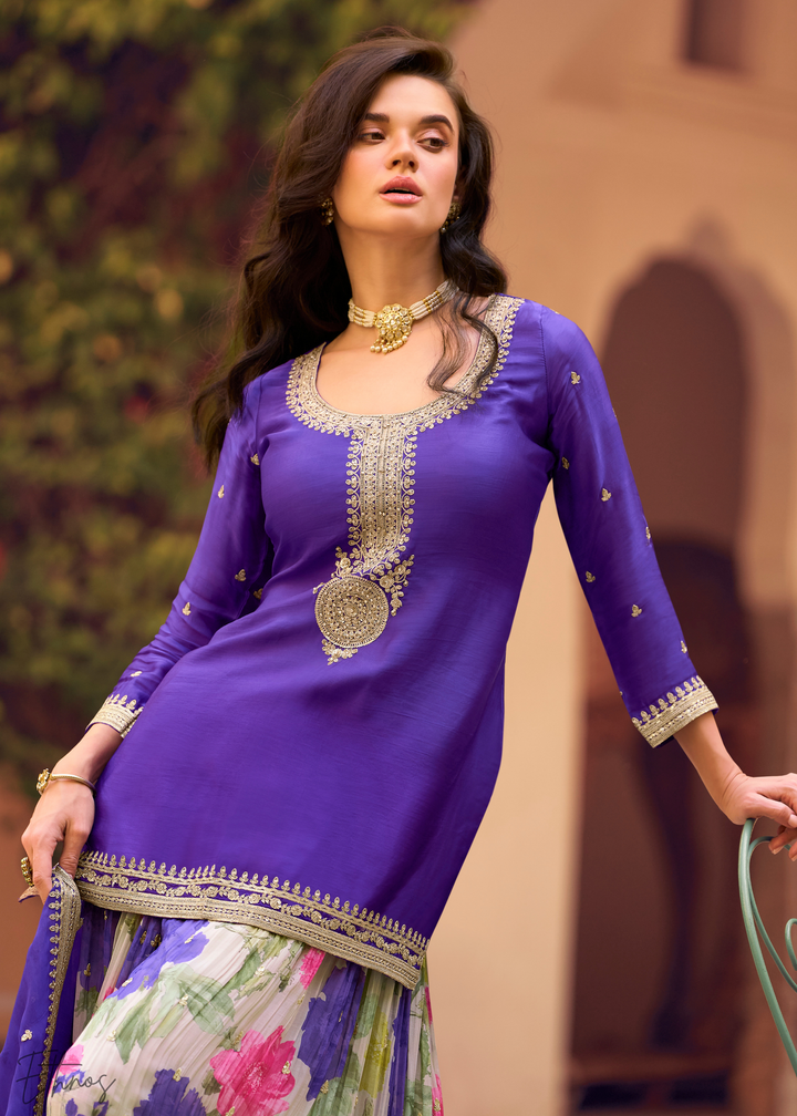 Amethyst Purple Chinon Silk Sharara Suit