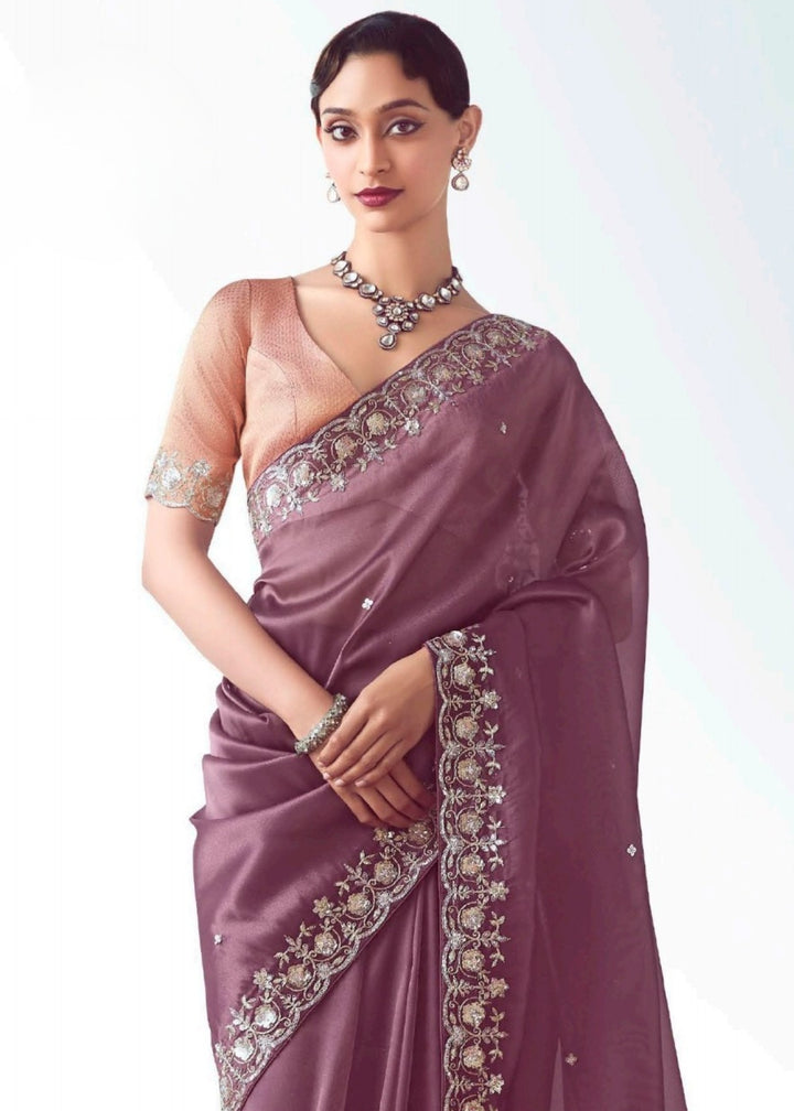Tacao Purple Fancy Fabric Silk Saree With Hand Embroidered Work And Cut Work Border