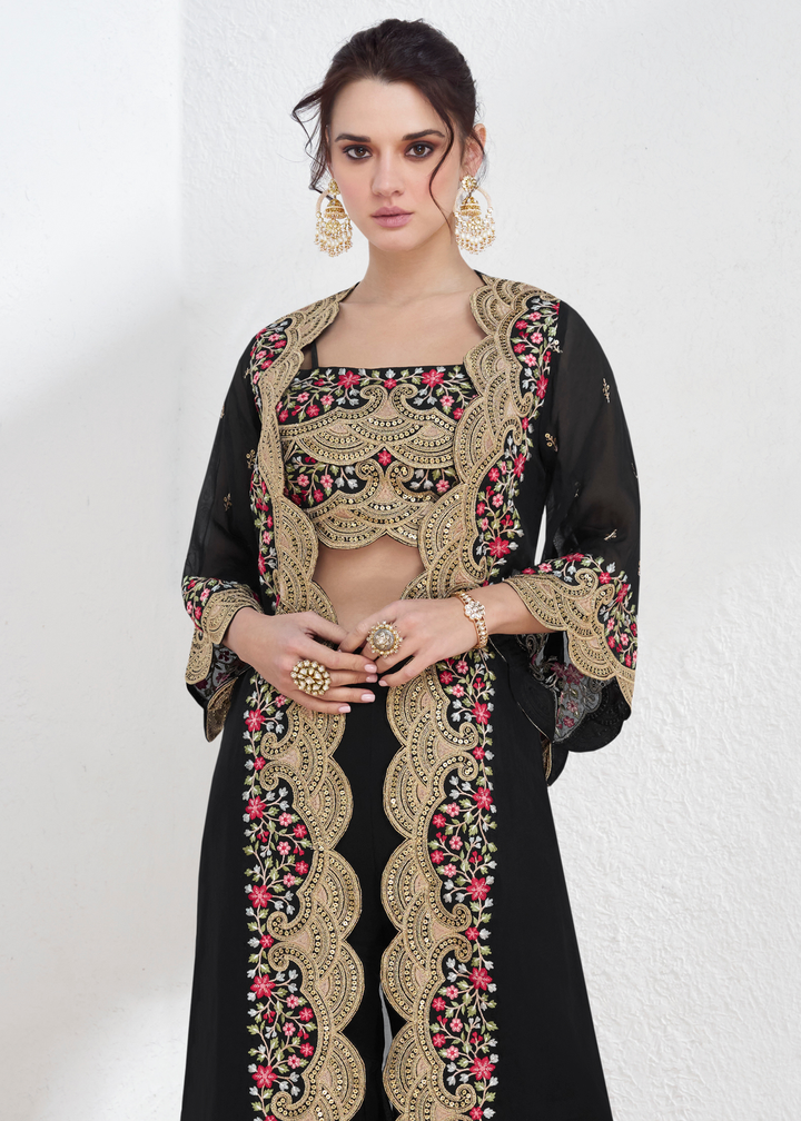 Onyx Black Embroidered Georgette Top & Skirt Set with Jacket