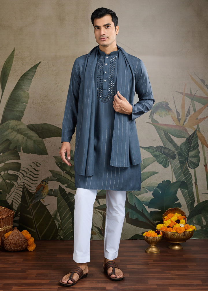 Steel Blue Viscose Rayon Mens Kurta With Self Design Zari And Mirror Work