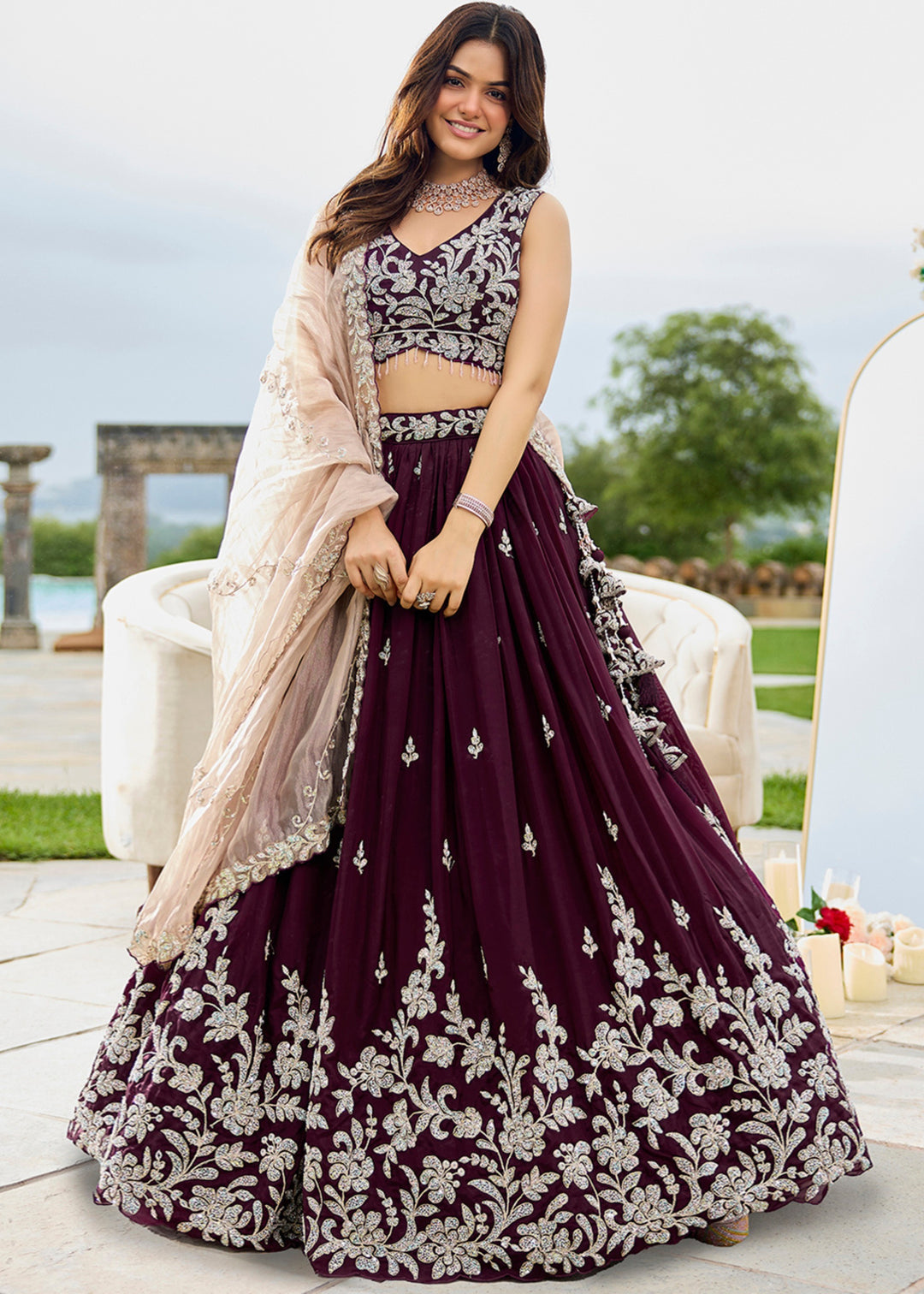 Wine Satin Silk Lehenga Choli with Beads & Sequince Embroidered