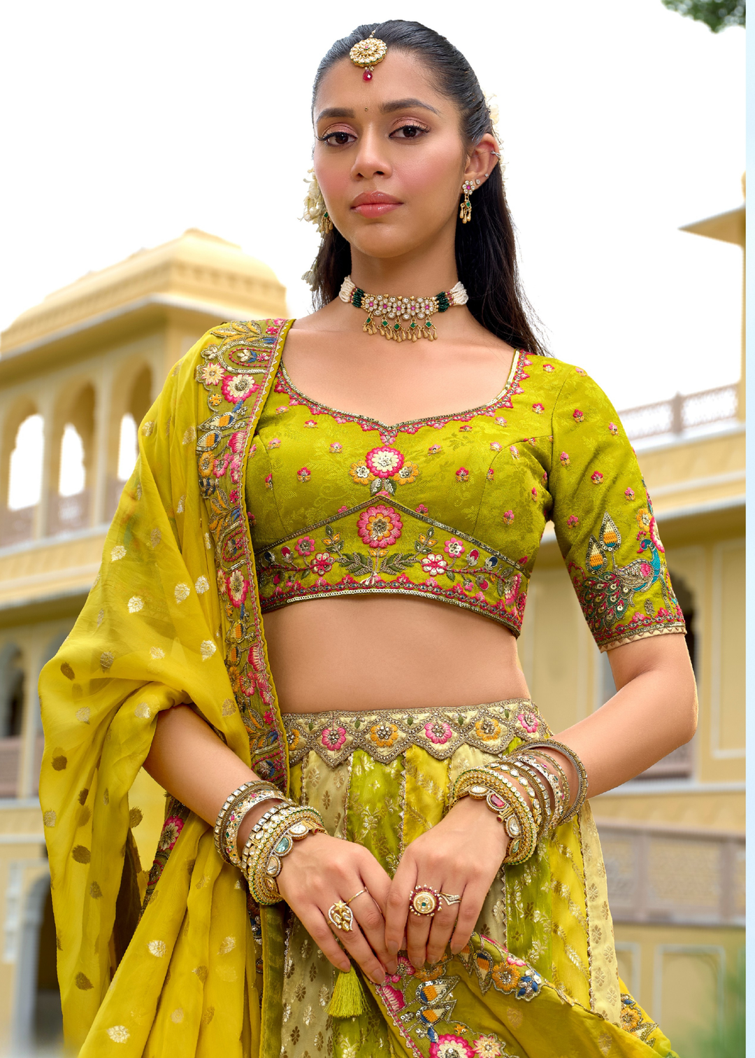 Lime Yellow And Green Silk Lehenga With Cut Work Border And Embroidery
