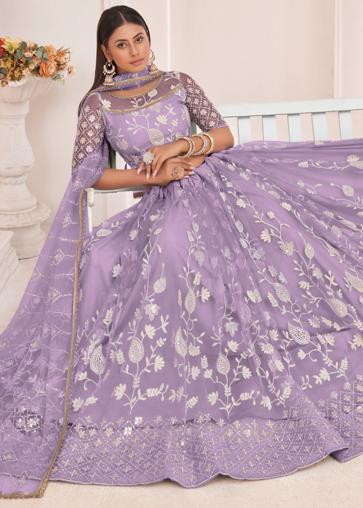 Lavender Designer Soft Net Lehenga With Cotton Thread And Sequins Embroidery Work